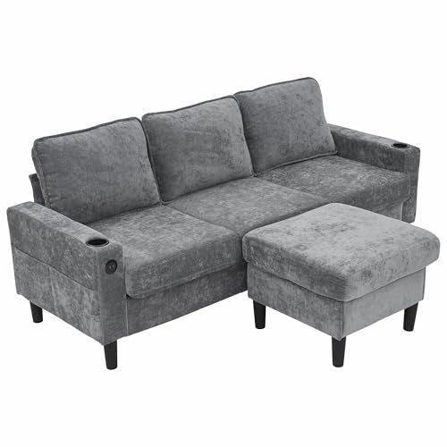 LANTRO JS Grey Corner Sofa, 3 Seater L Shape with USB Charging Station and Cup Holder, Movable Footrest, Modern Style, 202x137x80cm