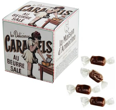 La Maison d'Armorine® | Caramelle Burro Salato Incartate Singole | Scatola Cubo Cartone Stampata - 150 Gr | Bonbon Burro Caramello Salato