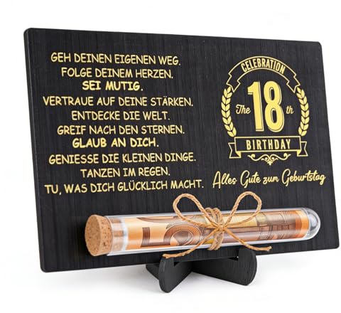 Cosswe 18 Geburtstag Geldgeschenke 18 Holz Geburtstag Geschenk Wunscherfüller Geldgeschenke mit Reagenzglas, Schwarz Gold Holzkarte Geldgeschenk Geschenkbox Verpackung