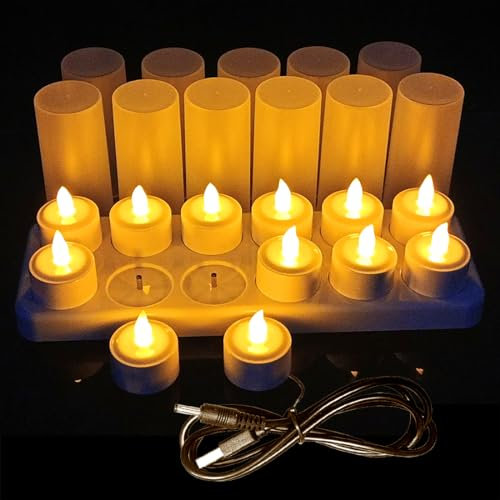 12 LED bougies rechargeables,Qsportpeak bougie sans flamme, Électrique LED Flamme Vacillante avec Station de Charge Décoration pour Noël Anniversaire Mariage Dîner Votive Table Café Bar (Jaune)