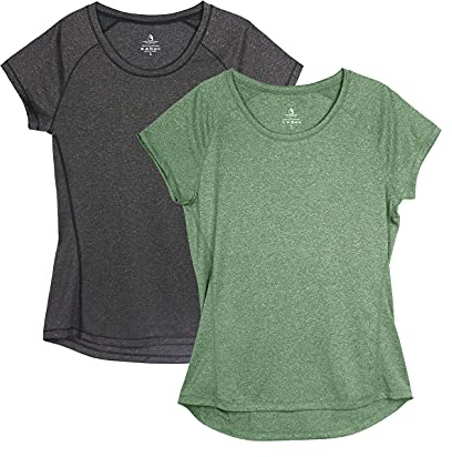 icyzone T-Shirts de Sport Femme à Manche Courtes Tops de Course à Pied Fitness Jogging Tee Shirts, Lot de 2 (L, Noir/Vert)