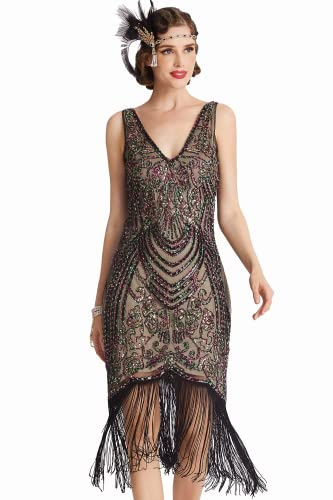 Babeyond Abito da Donna con Scollo a V e Perline e Frange - Multicolore - M