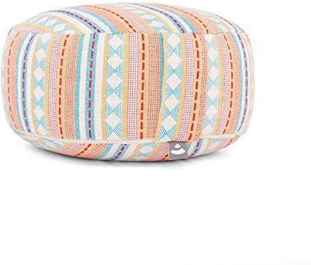 Bodhi Meditationskissen Rondo | Ethno Collection | Sitzkissen mit Tragegriff und abnehmbarem Bezug aus Baumwolle | Rundes Yogakissen mit Dinkelfüllung | Jacquard-Webstoff (apricot-hellblau)