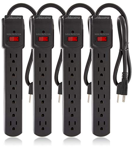 Maxxima 4-Pack 6 Outlet Power Strip Surge Protector - 300 Joules, Features Red On/Off Switch, Powers Multiple Electronics and Devices Simultaneously, Perfect for Home Appliances - Black