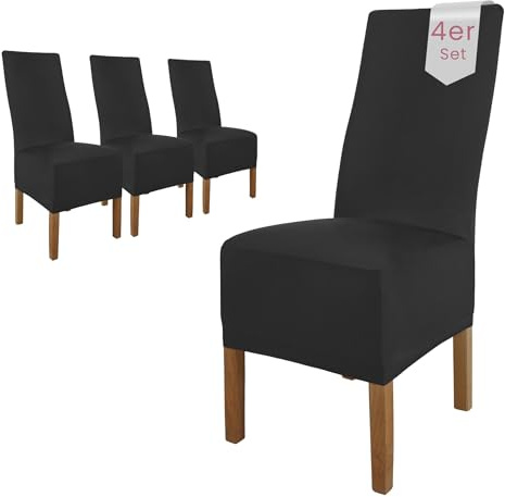Scheffler Home Stuhlhussen 4er Set in Schwarz Stretch Lena | Elastische Stuhlbezüge, waschbar, bügelfrei und pflegeleicht, für Polsterstühle und Esszimmerstühle