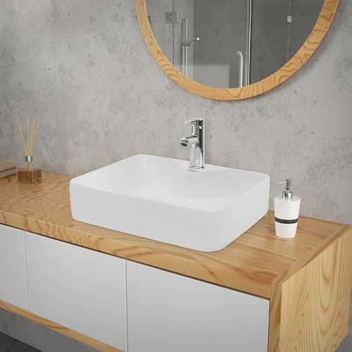 ECD Germany Lavabo da Appoggio Quadrato 480 x 380 x 140 mm in Ceramica Bianco Lucido Lavandino Design Minimalista Bacinella Lavamani Lavello Sanitari da Bagno Lavandino Lavandini