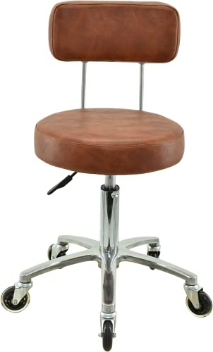 VAKON SALON - Premium Rollhocker mit Lehne in Hellbraun - Höhenverstellbar von 50 bis 65 cm - Rundsitz - Drehhocker Arbeitshocker Praxishocker