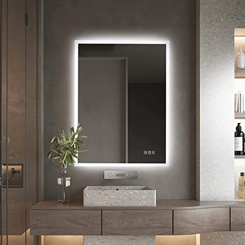 furduzz LED Badspiegel, 70x50 cm Wandspiegel Badezimmerspiegel mit Touch Schalter, Spiegel mit Beleuchtung 3 Lichtfarben Dimmbar, Antibeschlag, Speicher Dimmfunktion