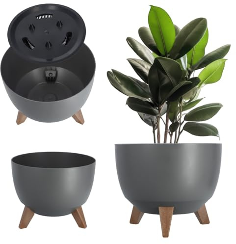 KADAX Maceta Decorativa de Plástico con Soporte Integrado, Macetero con Tres Patas de Imitación Madera para Interior y Exterior (Gris, 29 cm)