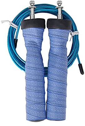POEGO SPORTS Premium speed Springseil mit Anti-Rutsch-Griffen, verstellbarer Stahlseile + 1x GRATIS SEIL mit Abnutzungsschutz für Crossfit, Ausdauersport, Boxen, Sport, Training, Fitness (blau)