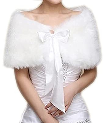 Qchomee Women Faux Fur Bolero Shawl with Ribbon Bow Flower Brides Wedding Dress Party Shawl Tippet Bridesmaid Shrug Queen Shoulder Cape Jacket Coats Wrap for Ladies Female (White-)