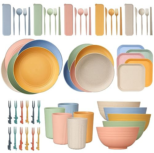 Set di 62 stoviglie in plastica per 5 persone, riutilizzabili piatti e ciotole da campeggio, set di cene da picnic infrangibili, piatti per barbecue colorati, tazze, ciotole, posate