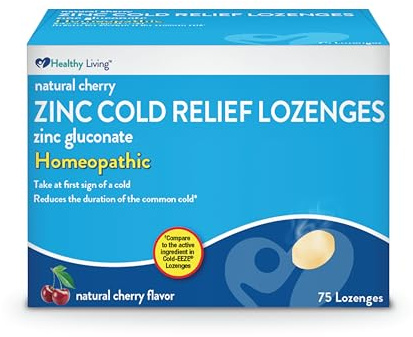 Healthy Living Cherry Zinc Lozenges, Homeopathic Cold Remedy, Reduces Duration of The Common Cold, Sore Throat, Cough, Congestion and Post Nasal Drip, 75 Count