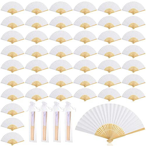 50 Ventagli Pieghevoli in Carta con 50 Sacchetti in Organza Ventagli Bianchi per Matrimonio Vintage Ventagli a Costine di Bambù Portatili Nuziali per Ospiti per Bomboniere Decorazione