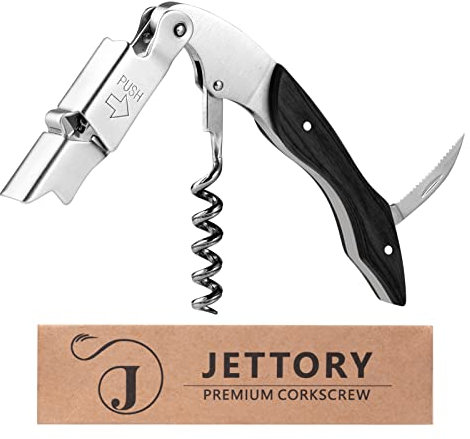 Jettory Cavatappi | Apribottiglie professionale da sommelier con tagliacapsule, apribottiglie e doppio cardine per bottiglie di vino | Apri bottiglie in acciaio inossidabile. (Ebano)