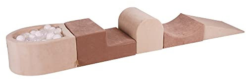 MEOWBABY Schaumstoff Bausteine Kinder - Bausteine XXL aus Schaumstoff mit Bällebad und 100 Bälle für Kinder - Baby Softbausteine zum Klettern, Samt, Ecru-Beige