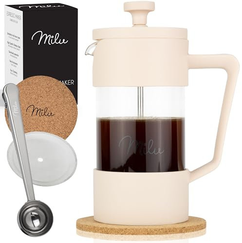 Milu cafetiere a piston presse à café | 350ml, 600ml, 1L | french press verre, Ensemble comprenant un sous-verre, une cuillère, un filtre de rechange supplémentair (Beige, 1000ml (5 tasses)