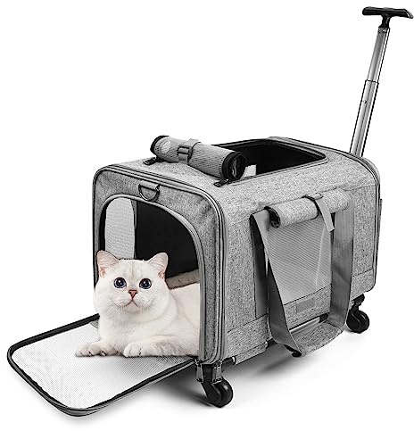 ALLSOPETS Haustierträger mit Rädern für Katzen und Hunde Luftfahrt Zugelassen mit Ausziehbarem Griff Abnehmbaren Rädern und Schultergurt Tragbare Tasche für kleine Tiere Grau