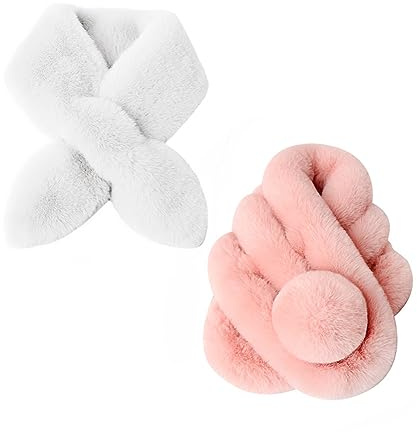 Rayson Schal Damen Halstücher mit Bommel aus Kunstpelz Schal Damen WinterWeich Warm Flauschig Faux Fellkragen Schal Weihnachts Schal Damenschal Loop Schals,Rosa+Weiß