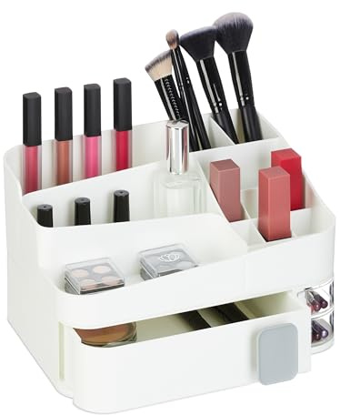 Relaxdays Make Up Organizer, 18 Fächer, Kosmetik Aufbewahrung, Kunststoff, HBT: 15 x 26 x 21 cm, Kosmetikorganizer, weiß