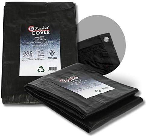 Perfect Cover Telone Impermeabile Per Esterno - Telo Di Copertura Con Occhiellato - Anti-Uv - Telo Protettivo Multiuso Per Mobili Da Giardino, Barche, Legno, Piscina, Auto - 4x6m 150 g/m², Nero