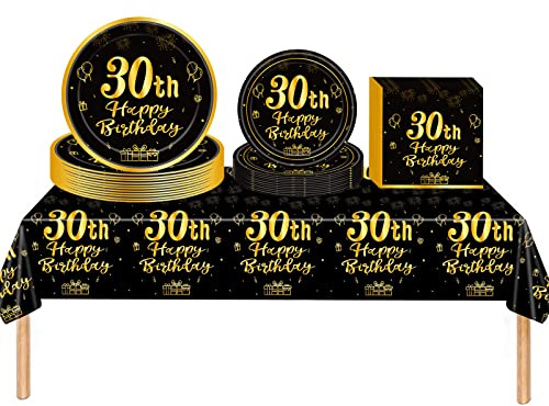 53Pcs Black Gold 30th Happy Birthday Party Tableware Decorations for Him Plastic Table Cloth,7,9inch Paper Plates,Napkins for Men Birthday Table Party Tableware Set for Men Adults Birthday Party
