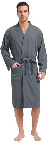 FashGudim Herren-Waffelpikee-Bademantel, leichter Kimono-Spa-Bademantel, knielang, Sommerroben