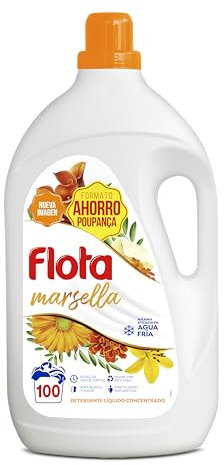FLOTA | Detergente Líquido Quitamanchas incluso en Agua Fría para Lavadora | Ropa Blanca y de Color | Fragancia Marsella | 100 Lavados | Formato Familiar