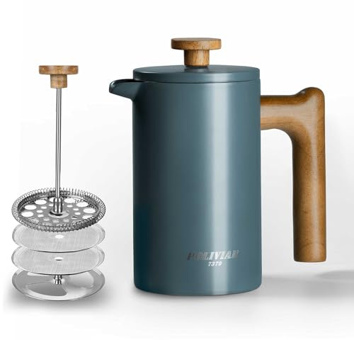 POLIVIAR – Cafetière à piston à piston à 4 tasses avec poignée en bois – Cafetière à piston en acier inoxydable pour un bon café et thé – Cafetière isotherme à double paroi avec 1 filtre