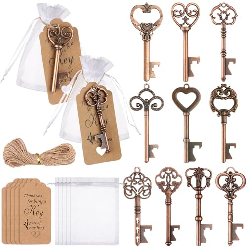 oneant 60 x Vintage-Schlüssel-Flaschenöffner, rustikale Hochzeitsgeschenke für Gäste, mit Etikett, Karten, Organza-Beutel für Brautparty, Hochzeit, Babyparty, Geburtstag, Party, Gastgeschenke, 6 Stile