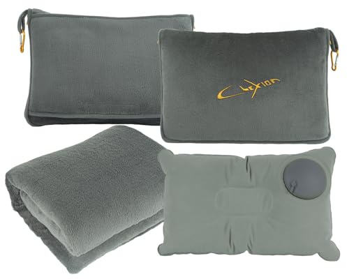 CLEXION Travel Blanket and Pillow Set for Airplane, 300 GSM Soft Fleece Compact Travel Blanket with Inflatable Pillow and Carry Bag, 60x43 Inches, Grey