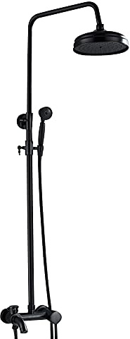 CLEADONG de ducha, juego de grifo de ducha de acero inoxidable, columna de ducha con altura ajustable de 80-120 cm y 2 asas, de ducha retro redondo, color negro, 17 x 15 x 120 cm