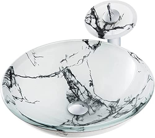 IBOWZ Ceramic Bathroom Sink Tempered Glass Vessel Sink, Hand Painted Art Countertop Basin With Waterfall Faucet Mounting Ring And Water Drain Set, Washstand Sink 420X420X145mm For Family Hotel