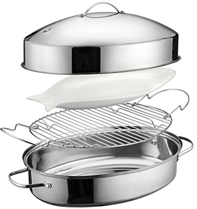 ZMQJEQANBG Roasting Pan Elliptical Stainless Steel Oval Fish Steamer Pot Set Induction Compatible Multi Use Turkey Roaster Cooking Pot for Chicken, Lamb, Vegetable(Regular)