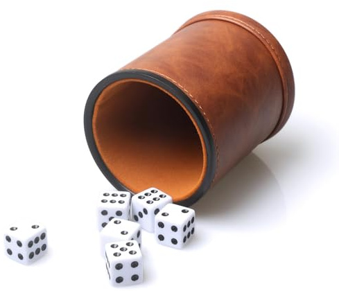 RERIVER Braunes Würfelbecher-Set aus PU-Leder, mit Filz ausgekleideter Würfelstreuer mit 6 Würfeln für Liars Farkle Yahtzee Spiel