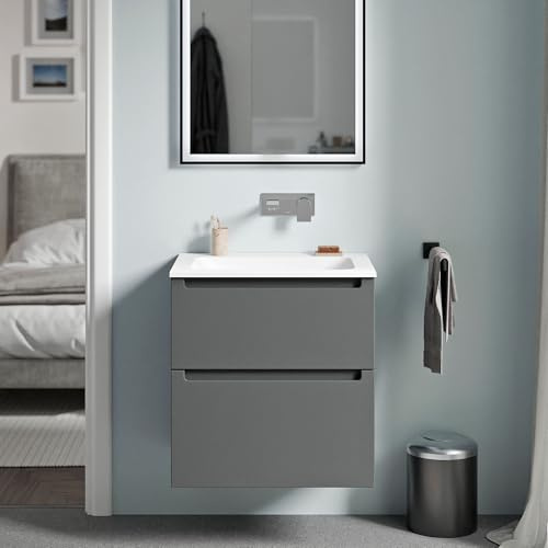 Bernstein Badmöbel-Set Vireo, Waschtisch-Unterschrank mit Mineralguss-Waschbecken 60cm in Anthrazit matt - Cream - Weiß matt ohne Hahnloch - 2 Schubladen, Badmöbel, 5 Jahre Garantie