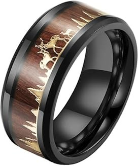 Joievievie Ring Rentier Hirsch Baum Wald aus Holz, schwarz plattiert, Weihnachtsschmuck für Damen und Herren, Edelstahl