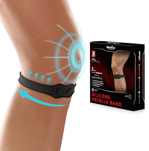 Welnove Banda ancha para rótula mejorada, correa de silicona para soporte de tendón rotuliano y alivio del dolor – 2 paquetes de brace ajustable para correr, baloncesto, deportes (negro)