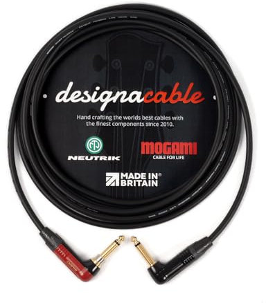 designacable.com 10m - Silent Right Angled to Right Angled Black Jack Guitar Cable - Handmade in the UK using Mogami GOLD 2524 Guitar Cable & Neutrik NP2RXAU & NP2RX-B Jacks.