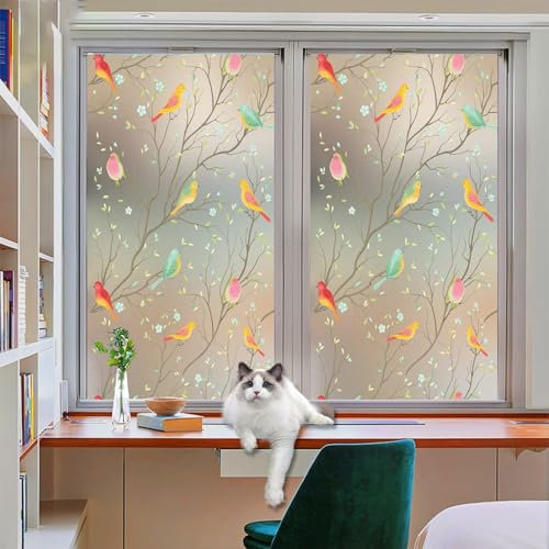 Fensterfolie Buntglas 60 x 140 cm, Sicherheits Schutz Splitterschutz, Wasserdicht Realistische, Kein Kleber, Blickdicht Statisch Selbsthaft Folie, Blumen und Vögel
