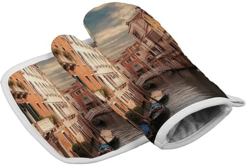 Magnifiques gants de cuisine personnalisés résistants à la chaleur pour femme - Motif vue sur le canal de Venise - Doux - Pour cuisine, barbecue, grill, Thanksgiving