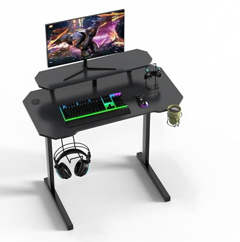 OXFENSEE Gaming Tisch, Gaming Schreibtisch 100 x 55cm, PC Tisch Gamer Tisch mit Kohlefaseroberfläche, Stabiler Computertisch mit mit Getränkehalter, Kopfhörerhaken und Abnehmbarer Halterung