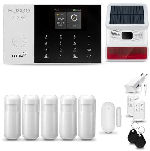 HUXGO® HXA005 Sistema di allarme casa senza fili con Sirena solare radio esterna WiFi + GSM 4G | Impianto allarme casa kit con 1x sensori di allarme per finestre/portes, 5x rilevatori di movimento