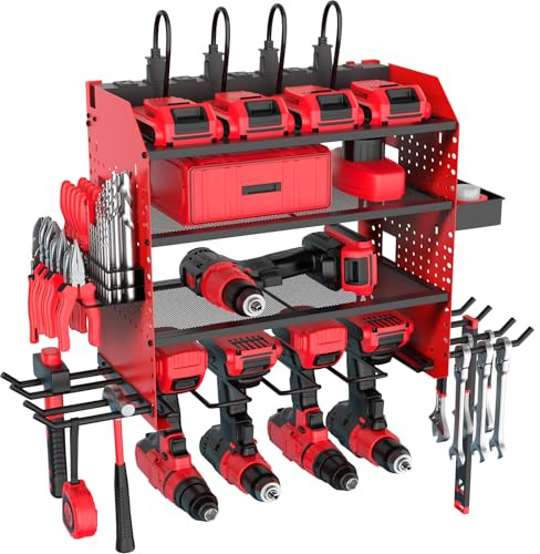 Heavy Duty Power Tool Organizer Wall Mount with Charging Station, 4 Layer Garage Storage Adjustable Shelves Height, Holds 4 Drills, 2 Hooks, Screw & Screwdriver box, Gifts for Fathers Day, Anniversary