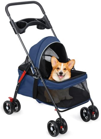 Shienfir Hundebuggy Houndegen Buggy, Hundebox Transporttasche Faltbar Klappbare Buggy MIT Netzfenstern GetRänkehalter für KLEINE Hunde UND KATTEN HAUSTIERWAGEN ZEIS PET -Stroller Blau