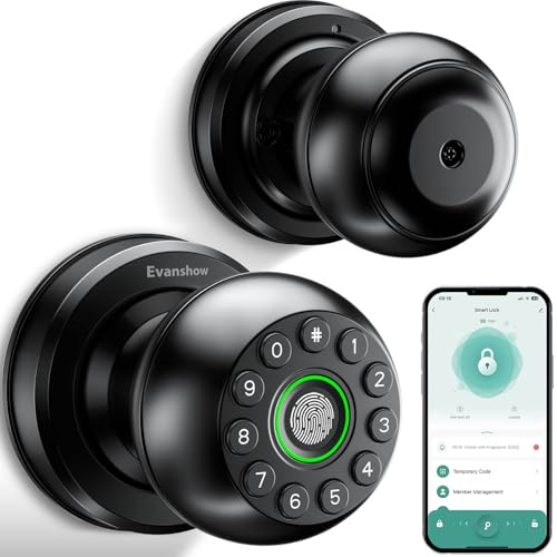 Evanshow Smart Door Knob Fingerprint Lock 4-in-1 Keyless Entry (Fingerprint/App/Code/Key) Biometric Door with Auto-Lock Easy Install for Home/Bedroom/Office-Black