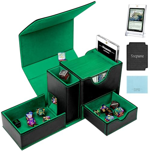 Stepane MTG Deck Box for Commander Display with Dice Tower, Fits 100 Double-Sleeved Cards for TCG/PTCG, Multifunctional Card Storage Box, with a 35PT Magnetic Card Holder (Black Green)