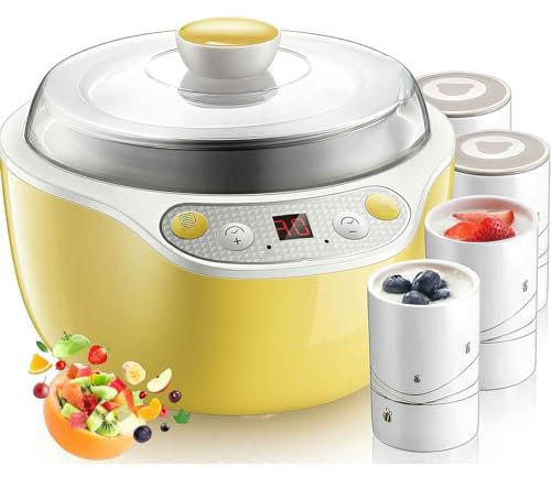 Yogurtera automática de 1000 ml, 20 W, 4 Vasos de cerámica de 200 ml, termostática de 360°, for Yogur casero y Queso.(Yellow)
