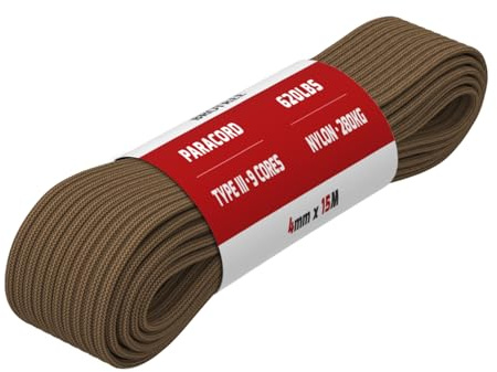 Brotree Paracord 4mm 15M 100% Nylonrep 9 Trådar Sladd Typ III Nylonsnöre för Utomhus, Camping, Hundkoppel, DIY, Armband - 280kg Brottlast (Lerbrun)