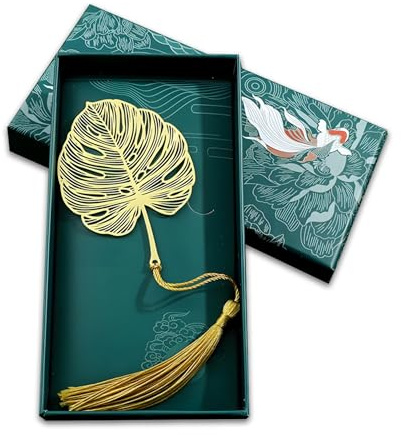 Boxed Gold Hollow Trim Fun Bookmarks Featuring Monstera Leaf Design, Elegant Metal Bookmark with Tassel, Beautiful Botanical Vein Metal Bookmark for Book Lovers, Funny Book Club Reading Accessories